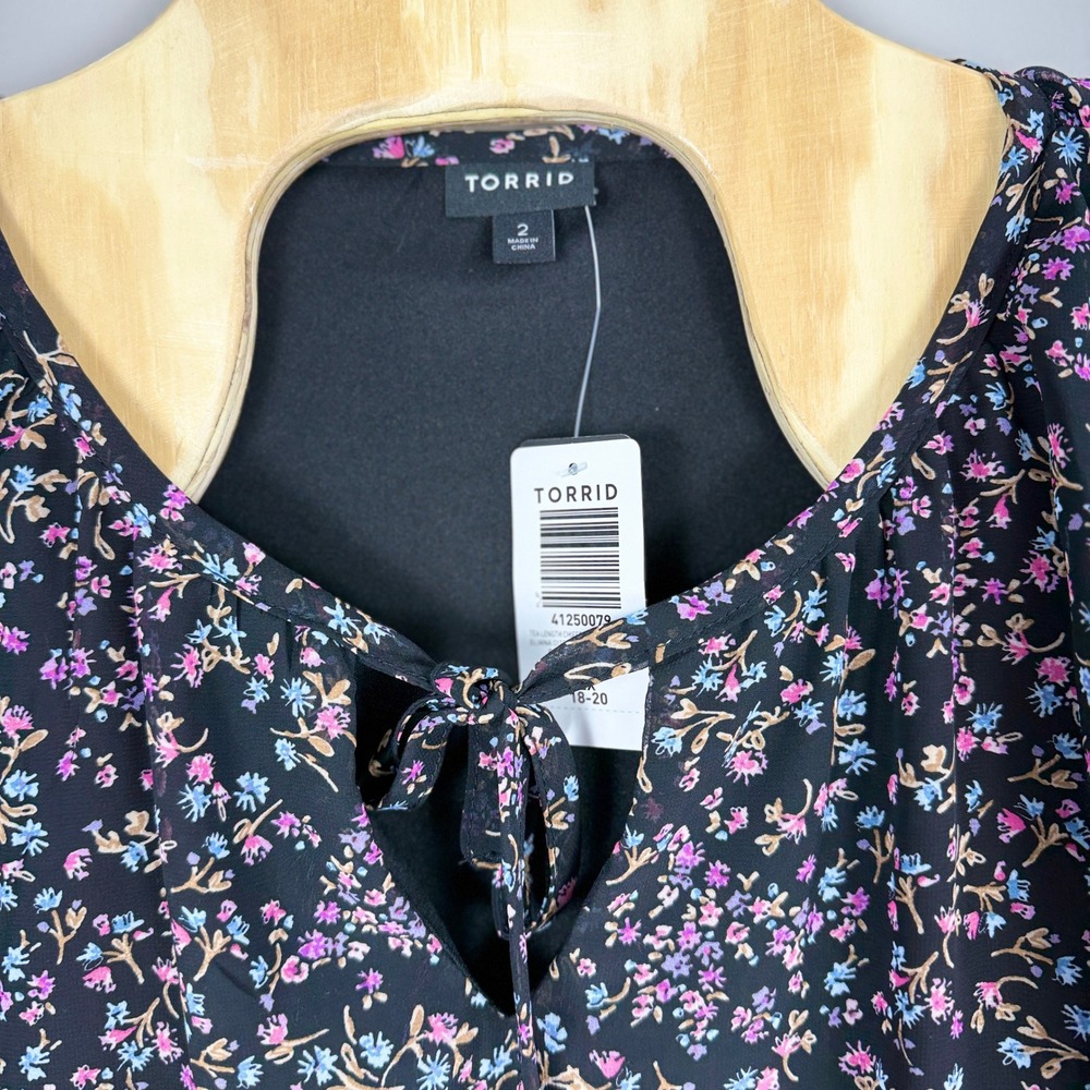 Torrid Chiffon Midi Dress Women 2 Black Floral NWT Cottagecore Boho Feminine - Picture 9 of 9